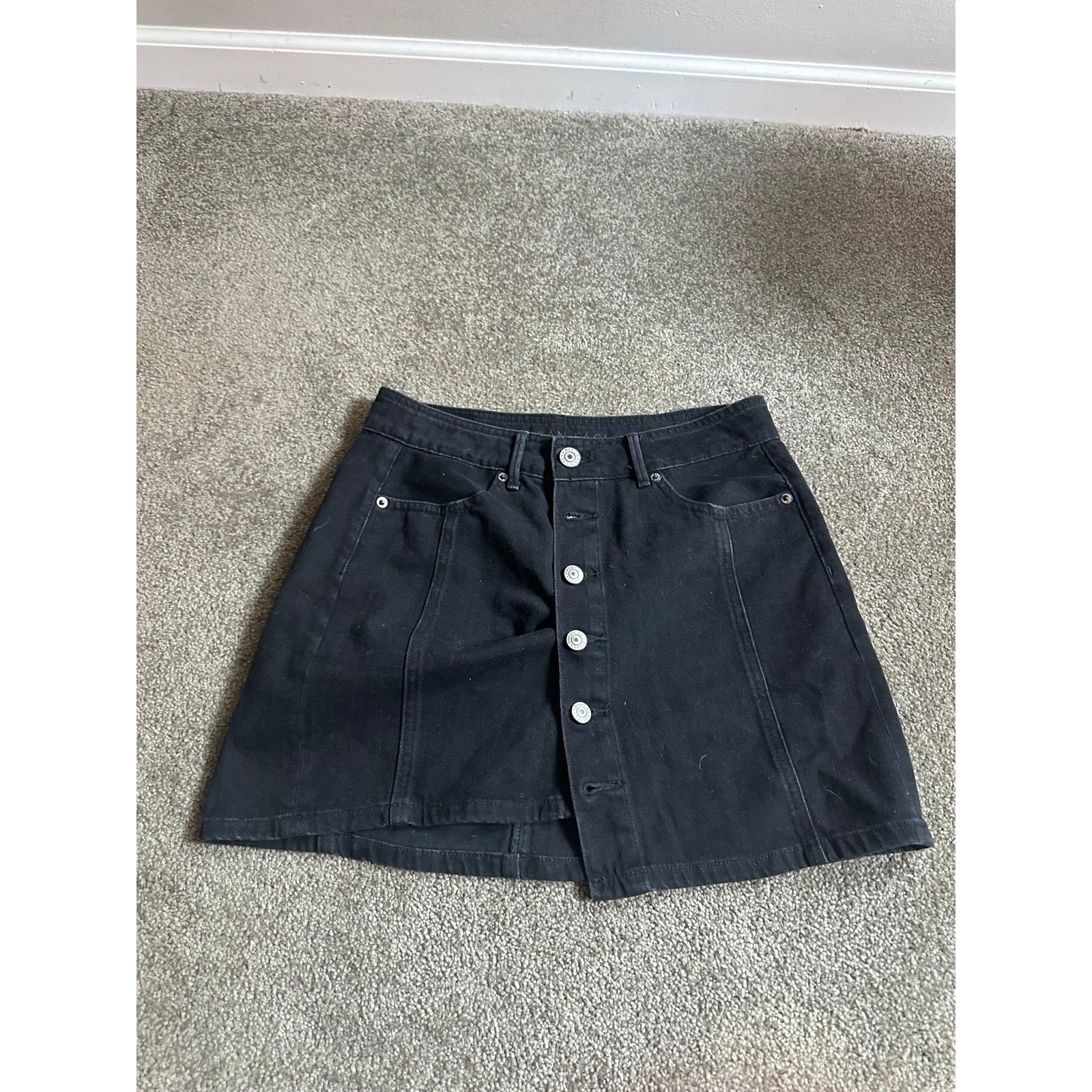 American Eagle Black Denim Button Front A-Line Mini Skirt